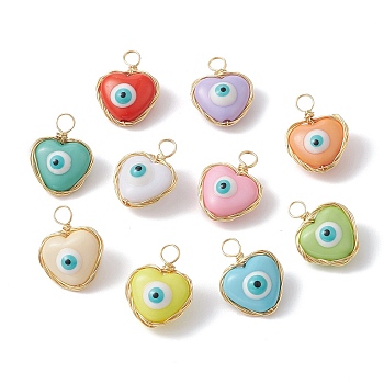 Evil Eye Resin Copper Wire Wrapped Pendants, Heart Charms, Light Gold, Mixed Color, 20x15.5x9mm, Hole: 3.5mm