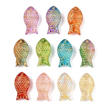 Baking Paint and Golden Metal Enlaced Glass Beads, Fish, Mixed Color, 15.5x8x5mm, Hole: 1mm