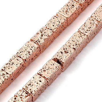 Electroplated Natural Lava Rock Beads Strands, Cuboid, Rose Gold Plated, 6~6.5x4x4mm, Hole: 1.4mm, about 63pcs/strand, 16.06''(40.8cm)