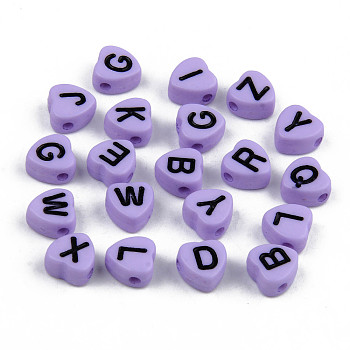 Opaque Acrylic Enamel Beads, Horizontal Hole, Heart with Mixed Black Letters, Lilac, 7x7x4mm, Hole: 1.5mm