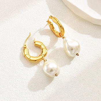 Plastic Imitation Pearl Dangle Hoop Earrings, 304 Stainless Steel Earrings, Golden, 40x20mm