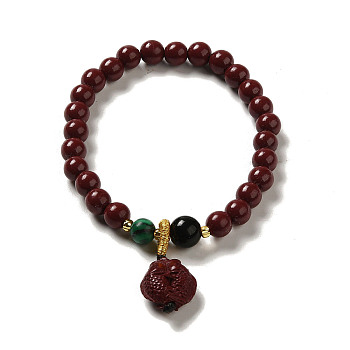 6mm Round Cinnabar Mala Stretch Bracelets, with Synthetic Malachite and Natural Agate, Fish, Inner Diameter: 2 inch(4.95~5.1cm)