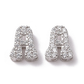 925 Sterling Silver Micro Pave Cubic Zirconia Beads, Real Platinum Plated, Letter A, 9x7.5x3.5mm, Hole: 2.5x1.5mm