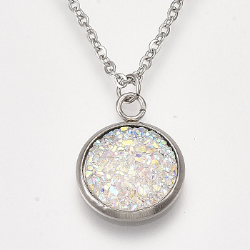 201 Stainless Steel Pendant Necklaces, with Druzy Resin, Cable Chains and Lobster Claw Clasps, Flat Round, Clear AB, 15.7 inch(40cm), 1.5mm, Flat Round: 18x14x4mm