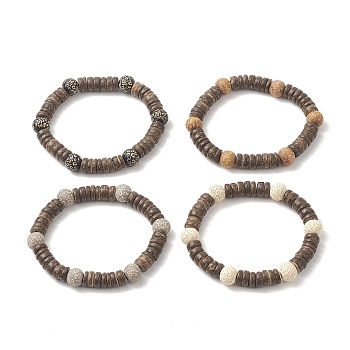 Painted Natural Wood & Coconut Beaded Stretch Bracelet for Men Women, Mixed Color, Inner Diameter: 2 inch(5.2cm)