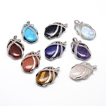 Oval Platinum Plated Brass Natural & Synthetic Mixed Stone Pendants, Cadmium Free & Lead Free, 37x22x9mm, Hole: 3x5mm