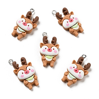 Christmas Opaque Resin Pendants, with Platinum Tone Iron Loops, Reindeer/Stag Charm, Sandy Brown, 30.5x16x7mm, Hole: 2x2.4mm