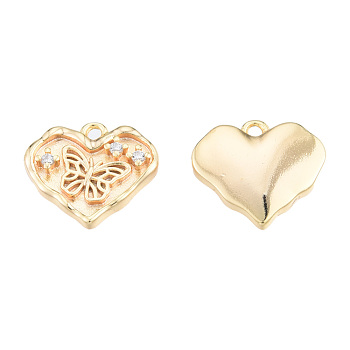 Brass Micro Pave Clear Cubic Zirconia Charms, Nickel Free, Heart with Butterfly, Real 18K Gold Plated, 12.5x14x2.5mm, Hole: 1.2mm