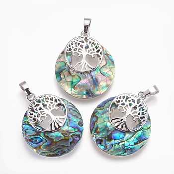 Natural Paua Shell Pendants, with Rhinestone and Platinum Tone Brass Findings, Flat Round with Tree of Life, 32.5~33x27.5~28x5~6mm, Hole: 5x7mm