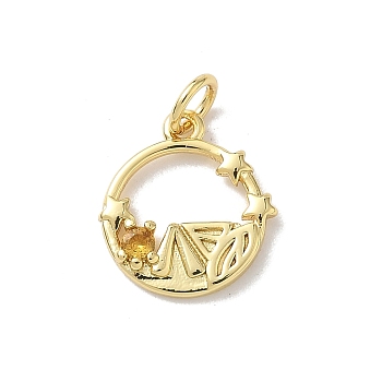 Brass Micro Pave Cubic Zirconia Charms, Flat Round with Star Charms, with Jump Ring, Rack Plating, Long-Lasting Plated, Lead Free & Cadmium Free, Real 18K Gold Plated, 14.5x13x2.5mm