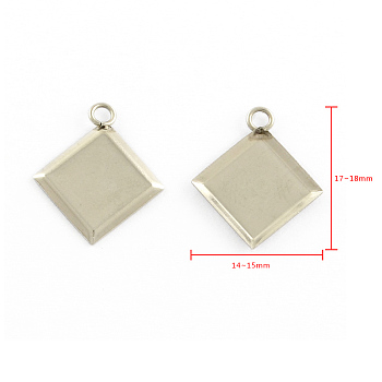 Stainless Steel Pendant Cabochon Settings, Plain Edge Bezel Cups, Rhombus, Stainless Steel Color, Tray Side Length: 9.5mm, Diagonal Length: 12mm, 17~18x14~15x1mm, Hole: 2mm