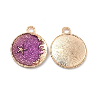 Alloy Enamel Pendants, Flat Round with Star & Moon Charm, Golden, Medium Purple, 25x21x2.3mm, Hole: 3mm