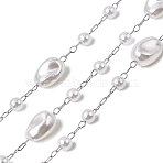 Handmade 316 Stainless Steel Link Chains, with ABS Plastic Pearl Round & Oval Beads, Soldered, with Spool, Stainless Steel Color, 3.8~10x3.8~7x3.4~5.5mm, about 16.40 Feet(5m)/Roll(CHS-G045-01P)