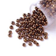 15/0 Grade A Round Glass Seed Beads, Metallic Colours Beads, Copper Plated, 1.8~2x1~1.3mm, Hole: 0.5mm, about 8500pcs/50g(X-SEED-A022-F15-601)
