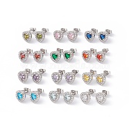 Cubic Zirconia & Rhinestone Heart Stud Earrings, 304 Stainless Steel Jewelry for Women, Stainless Steel Color, Mixed Color, 10x10mm, Pin: 0.6mm(EJEW-A080-03M-P)