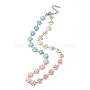 Enamel Daisy Link Chain Necklace, 304 Stainless Steel Jewelry for Women, Stainless Steel Color, Colorful, 15-3/4 inch(40.2cm)(NJEW-P220-01P-07)