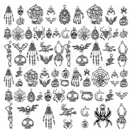 80Pcs Halloween Tibetan Style Alloy Pendants, Spider & Bat & Spider Web & Skull, Antique Silver, 9~39mmx10~33mm(JX187A)