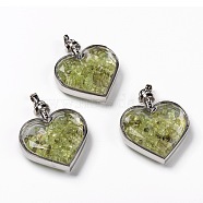 Glass Bottle Pendants, with Natural Peridot Chips and Platinum Plated Alloy Findings, Heart, 40x32.5x11mm, Hole: 8x5mm(G-Z010-02F)