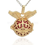 Golden Tone Brass Hollow Round Cage Pendants, with No Hole Spray Painted Brass Round Beads, Cerise, 31x30x21mm, Hole: 3x8mm(KK-J234-09G)