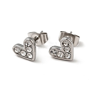 Heart 304 Stainless Steel Rhinestone Stud Earrings, 316 Surgical Stainless Steel Pin Ear Studs, with Ear Nuts, Stainless Steel Color, Crystal, 7x8.5mm, Pin: 0.7mm(EJEW-A081-15P-02)