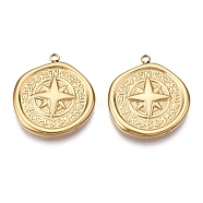 PVD Vacuum Plating 201 Stainless Steel Pendants, Flat Round with Compass Charm, Real 18K Gold Plated, 21x19.5x2.5mm, Hole: 1.4mm(STAS-J401-VC924)