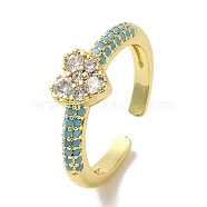 Rack Plating Brass Micro Pave Cubic Zirconia Cuff Rings, Long-Lasting Plated, Lead Free & Cadmium Free, Heart, Sky Blue, adjustable(RJEW-H228-04G-03)