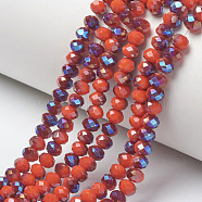 Electroplate Opaque Solid Color Glass Beads Strands, Half Plated, Blue Plated, Faceted, Rondelle, Orange Red, 4x3mm, Hole: 0.4mm, about 123~127pcs/strand, 16.5~16.9 inch(42~43cm)(EGLA-A034-P4mm-I08)