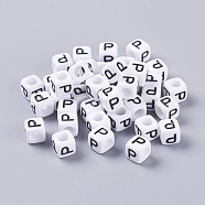 Pandahall 50g Opaque Acrylic Horizontal Hole Letter Beads, Cube, Letter P, 6x6x6mm, Hole: 3.2mm(SACR-TA0001-19B)
