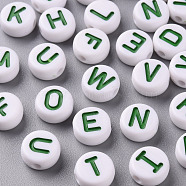 Opaque White Acrylic Beads, with Enamel, Horizontal Hole, Flat Round with Random Initial Letter, Green, 9.5x4.5mm, Hole: 2mm, 711pcs/225g(SACR-T338-12F)