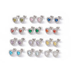 Cubic Zirconia & Rhinestone Heart Stud Earrings, 304 Stainless Steel Jewelry for Women, Stainless Steel Color, Mixed Color, 10x10mm, Pin: 0.6mm(EJEW-A080-03M-P)