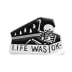 Coffin with Skull Enamel Pin for Halloween, Word Life Was Ok Alloy Badge for Backpack Clothing, Electrophoresis Black, White, 19x27x2mm, Pin: 1mm(JEWB-F016-11EB)