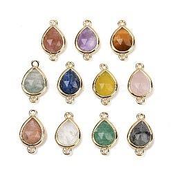 Natural Mixed Gemstone Faceted Connector Charms, Rack Plating Brass Teardrop Links, Golden, Mixed Dyed and Undye, 16.5x9.5x4mm, Hole: 1.4mm(G-L514-048P)