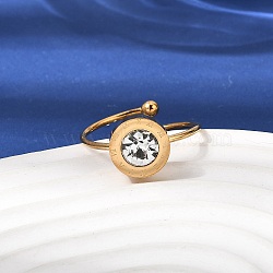 Adjustable 304 Stainless Steel Pave Cubic Zirconia Cuff Open Rings for Women, Round, Golden, Clear, 18mm(RJEW-B161-01G-03)