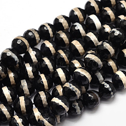 Tibetan Style Striped Pattern dZi Beads Strands, Faceted Natural Agate Round Beads, Black, 10mm, Hole: 1mm, about 37pcs/strand, 14.5 inch(TDZI-O005-10F-10mm)