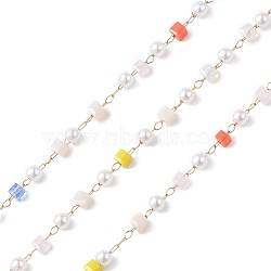 Cube & Round Glass & ABS Imitation Pearl Beaded Chains, Unwelded, with 304 Stainless Steel Link Chains, Golden, Yellow, 2.5~3x2.5~3x2.5mm(CHS-P016-43G-03)