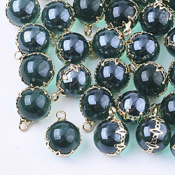 Transparent Glass Pendants, with Brass Findings, Round, Light Gold, Sea Green, 17x13x12.5mm, Hole: 2mm(GLAA-T007-04B)