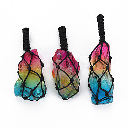Natural Quartz Crystal Big Pendants, with Woven TaiWan Nylon Thread, Dyed, Nuggets, Colorful, 63~72x21~26.5x16~24mm, Hole: 8.5~10x8.5~9.5mm(G-S299-154)