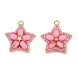 Handmade Glass Seed Beaded & Synthetic Dyed Imperial Jasper Beads Pendants, Star, with 304 Stainless Steel Open Jump Rings Loop, Pearl Pink, 27x28.5x8.5mm, Hole: 3mm(PALLOY-MZ00752-03)