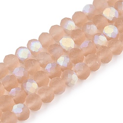 Transparent Glass Beads Strands, Faceted, Frosted, Half AB Color Plated, Rondelle, BurlyWood, 6x4.5mm, Hole: 1.4mm, about 84~85pcs/strand, 41.5~42cm(EGLA-A044-T6mm-MB20)