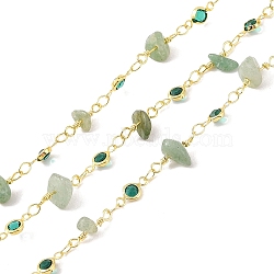 Brass Link Chains, with Glass and Natural Green Aventurine, Rack Plating Real 18K Gold Plated, Soldered, with Spools, Long-Lasting Plated, Cadmium Free & Lead Free, Real 18K Gold Plated, 12~14.5x4~14x4~8mm(CHC-C006-06G)