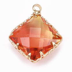 K9 Glass Pendants, Imitation Tourmaline, with Brass Findings, Faceted, Rhombus, Golden, Colorful, 19.5x16x7mm, Hole: 1.5mm(X-GLAA-T002-07E)