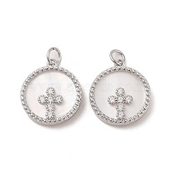 Brass Pendants Pave Shell, with Clear Cubic Zirconia, Round with Cross, Platinum, 18x16x3mm(KK-L208-76P)