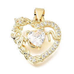 Mother's Day Brass Micro Pave Cubic Zirconia Pendants, Heart with Word Mom Charms, Lead Free & Cadmium Free, Rack Plating, Long-Lasting Plated, Clear, 17.5x17x4.5mm, Hole: 4.5x3.5mm(KK-E802-37G-F)