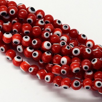 Handmade Evil Eye Lampwork Round Bead Strands, Dark Red, 8mm, Hole: 1mm, about 49pcs/strand, 14.17 inch