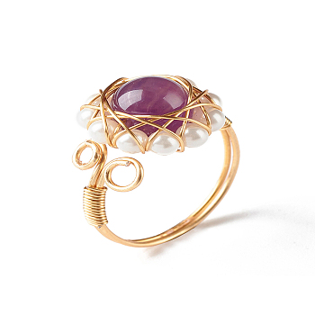 Natural Amethyst Finger Ring for Girl Women, Round Shell Pearl Beads Ring, Brass Wire Wrap Ring, Golden, US Size 7 3/4(17.9mm)