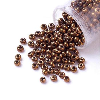 15/0 Grade A Round Glass Seed Beads, Metallic Colours Beads, Copper Plated, 1.8~2x1~1.3mm, Hole: 0.5mm, about 8500pcs/50g