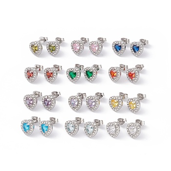 Cubic Zirconia & Rhinestone Heart Stud Earrings, 304 Stainless Steel Jewelry for Women, Stainless Steel Color, Mixed Color, 10x10mm, Pin: 0.6mm