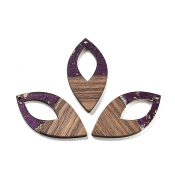 Walnut Wood Pendants, Resin & Gold Foil, Oval, Purple, 47.5x24x3.5mm, Hole: 2mm