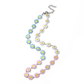 Enamel Daisy Link Chain Necklace, 304 Stainless Steel Jewelry for Women, Stainless Steel Color, Colorful, 15-3/4 inch(40.2cm)