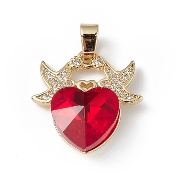 Real 18K Gold Plated Rack Plating Brass Micro Pave Cubic Zirconia Pendants, with Glass, Long-Lasting Plated, Cadmium Free & Lead Free, Two Birds with Heart, Red, 21x20x8mm, Hole: 5x3mm